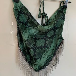 Green Silky Snake Skin Top with Rhinestone Fringe